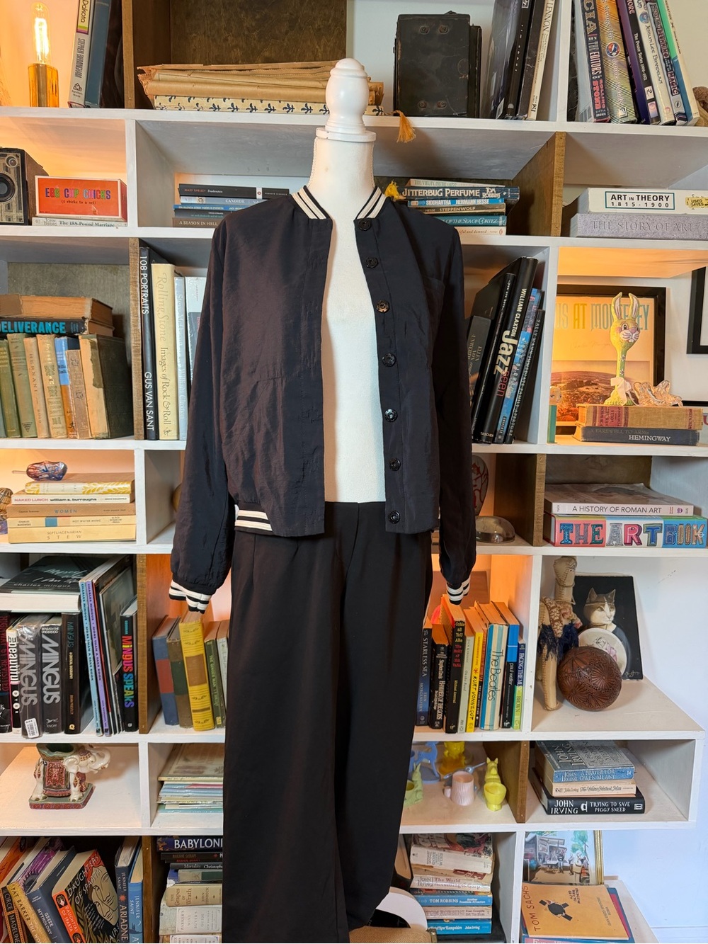 Black Women's Bomber Jacket with Striped Trim